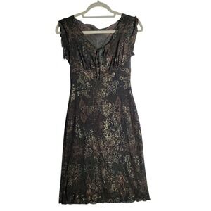 Rampage Y2K Metallic Gold Floral Paisley Midi Dress Olive Green Brown Size M